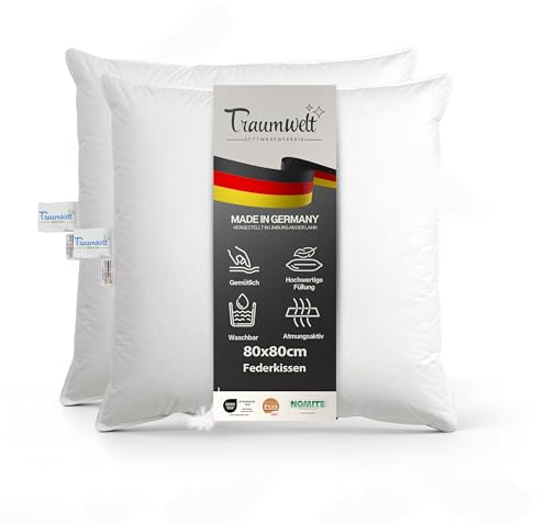 Traumwelt Natur Made in Germany Federkissen 80x80 cm, weiß, Kopfkissen aus neuen Federn Klasse 1, 1500g. Allergiker geeignet, Öko-Tex 100 Klasse 1 Zertifiziert, Downpass (2 Stück)