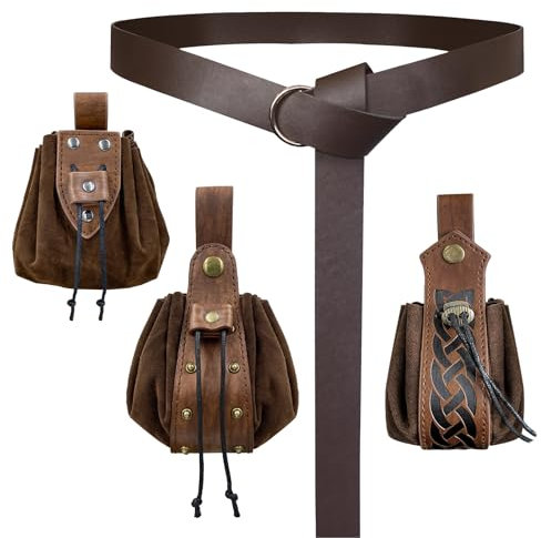 EpicCos 4 PCs mittelalterlichen O Ring Gürtel und Kordelzug Tasche Set, Retro Kunstleder Gürtel Tasche Würfel Tasche für LARP(Braun A)