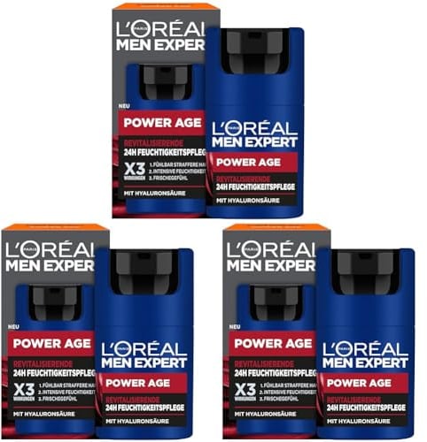L'Oréal Men Expert Gesichtspflege gegen Falten für Männer, Anti-Aging Feuchtigkeitscreme für müde und matte Haut, Gesichtscreme für Herren mit Hyaluronsäure, Power Age, 1 x 50 ml (Packung mit 3)