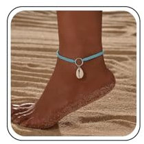 Inateannal Bracelet de cheville en corde tressée bleue réglable à la main bracelet de cheville en coquillage imperméable bracelet de cheville en coquillage chaîne pieds d'été bijoux pied pour femmes
