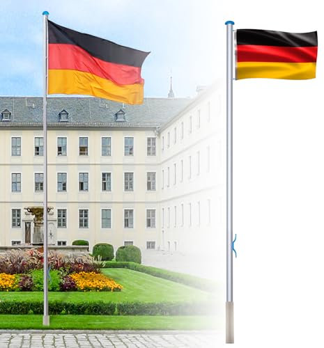 ROSEJANE 6,50m Alu Fahnenmast 6 Rohre Höhenverstellbar Deutschlandfahne Fahnenstange Bodenhülse 60cm Seilzubehör