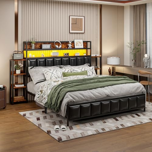 Metallbett Eisenbett Doppelbett 160x200, Polsterbett mit Mehreren Einlegeböden&LED-Beleuchtung&Kopfteil Stauraum, Bettgestell aus Massivem Eisen, Kinderbett Jugendbett Familienbett, Kunstleder,Schwarz