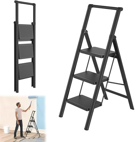 YRHome 3 Stufen Klappbar Trittleiter Leiter Tritthocker Klapptrittleiter mit breitem rutschfeste Pedal und Handlauf Multifunktionale Haushaltsleiter Stehleiter Bis 250KG Schwarz für Haushalt, Küche