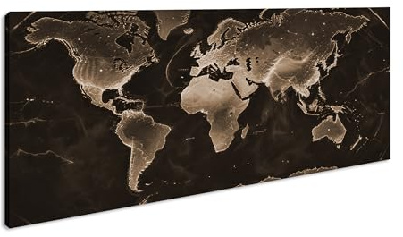 Leinwandbild Leuchtende Weltkarte in Dunkelheit, Kontinente erstrahlen. Panorama Format: 120x60 cm Effekt: Sepia XXL Kunstdruck Bild auf Keilrahmen/Wandbild/Wohnzimmer Deko