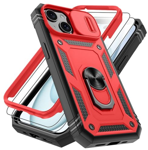 Pilaru 3 in 1 for iPhone 15 Case |With Front Frame| 2 Screen Protector[Separate] & Kickstand Ring & Camera Cover Military Grade Drop Shockproof Protection for iPhone 15 Phone,Red/Black