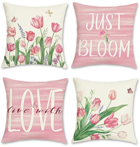 Bonhause Federe per Cuscini Fiori 45 x 45 cm Copricuscini Decorativi Tulipani Rosa Poliestere Biancheria Federa per Cuscino Divano Letto Casa Decorazione Set di 4
