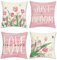 Bonhause 4er Set Kissenbezüge Blumen Rosa 45 x 45 cm Tulpen Polyester Leinen Dekorative Kissenhülle Zierkissenbezüge für Sofa Schlafzimmer Zuhause Garten Dekoration