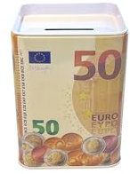 Spardose für Kinder in lebendigen Farben. Originelle Spardose aus Dose mit Deckel, günstige Spardose, die auch als Stiftdose verwendet werden kann. 20 Euro, 50 Euro, 100 Euro, 200 Euro