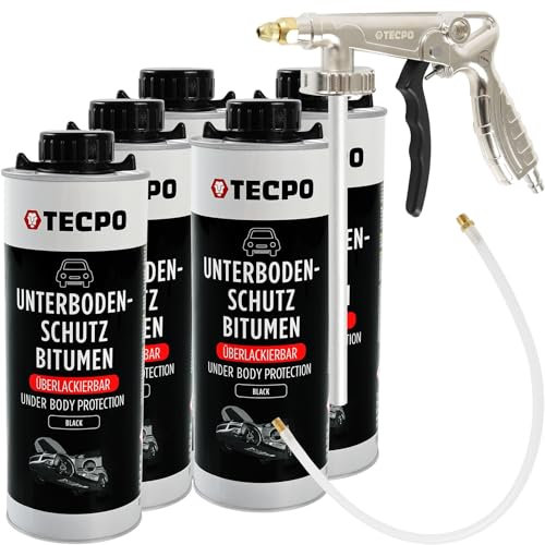 TECPO Unterbodenschutz Bitumen Überlackierbar, 5 Liter Saugdose schwarz UBS Set mit Druckluft Sprühpistole für Steinschlagschutz Karosserieschutz Rostschutzmittel