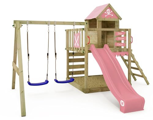 WICKEY Spielturm Klettergerüst Smart Cave mit Schaukel & Rutsche, Outdoor Kinder Kletterturm mit Sandkasten, Leiter & Spiel-Zubehör für den Garten (Pastellpink)