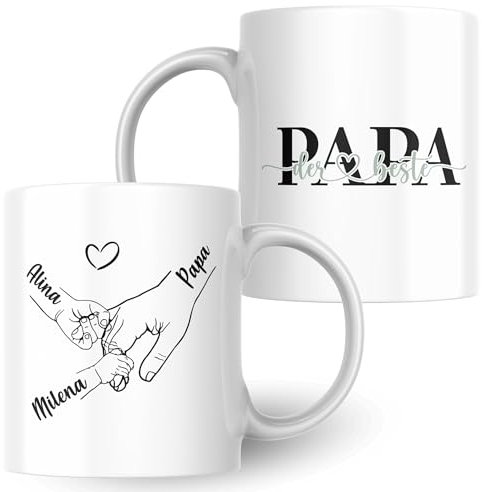 SMARTEON Tasse personalisiert | Kinderhände mit Namen als individuelles Geschenk für Papa oder Mama als Andenken oder Fotogeschenk für Vater und Kinder, Bedruckte Tasse (Papa)