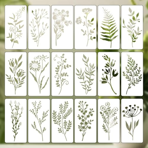Kasoud FlowerStencils, 18PCS Leaf Stencils for Crafts Reusable, Wildflowers PaintingStencils for Wood Canvas DIY Art Card Notebook Scrapbook Window Wall Decor