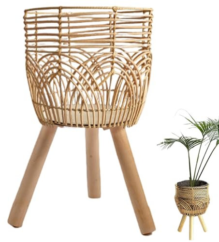 Capacalización de Plantas de Mimbre, Soporte de Plantas de ratán, Mimbre Tejido de bambú sobre Patas de Madera, Canasta de ratán de Interior para decoración del balcón del hogar