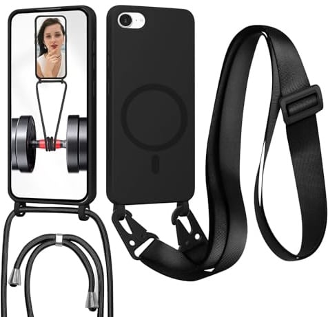MBSLFY Magnetische Handykette für iPhone 6/6S/iPhone 7/8/iPhone SE 2022/SE 2020 Hülle mit Band,Handyhülle Kompatibel mit MagSafe,mit Abnehmbar Kordel Umhängen Stossfest Handy Schutzhülle, Schwarz