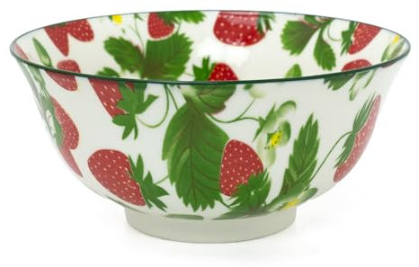 Strawberry Field Bowl | Vibrant Ceramic Serving Bowl with Strawberry & Floral Design | Colourful Stoneware for Cereal, Pasta, Salads or Snacks - 16cm