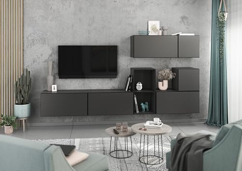 BMG Möbel Modernes Wohnzimmer Wohnwand Set 7 TLG. wählbar aus 8 Farbkombinationen, MDF Fronten tiefgezogen mit Softclose, Schränke mit Klappenfunktion, offenes Regal (Anthrazit - Anthrazit Matt)