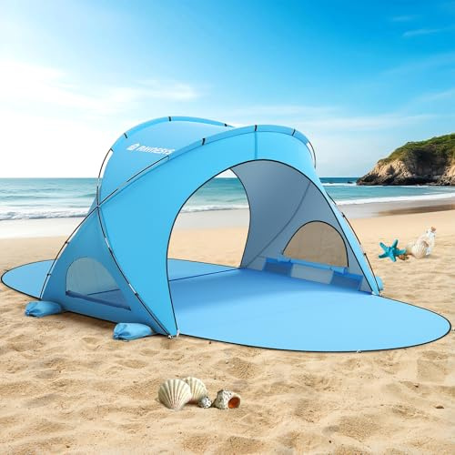 Raynesys Strandzelt Sonnenschutz, Strand Sonnenschutz für 1-4 Personen, Strandzelte mit 2 Reißverschlusstüren, Tragbare Strandmuschel für Strand Camping Angeln, Blau