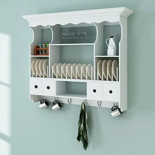 Qnhdfrt White Wooden Kitchen Wall Cabinet 90.5 x 22.5 x 70.3 cm MDF Pine Frame Pantry Cupboard with 4 Drawers & 4 Shelves Rustic Shaker Style for Kitchen Utility Bathroom