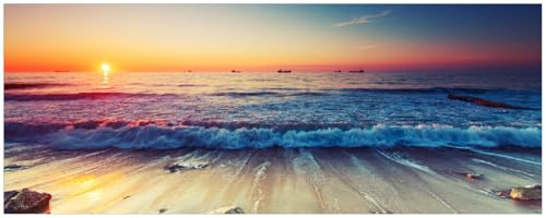 Wallario Memoboard aus Glas mit Motiv, Magnet-Tafel in 32 x 80 cm in Premium Qualität Sonnenuntergang am Meer mit Wellen am Strand