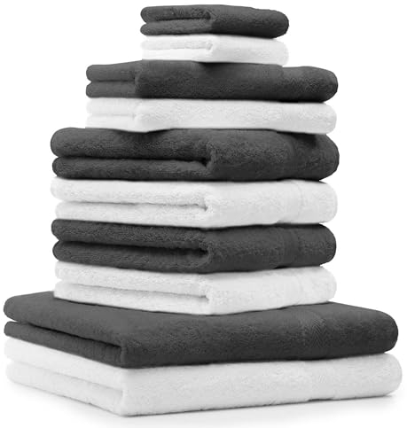 Betz 10-TLG. Handtuch-Set Premium 100% Baumwolle 2 Duschtücher 4 Handtücher 2 Gästetücher 2 Waschhandschuhe Farbe Anthrazit & Weiß