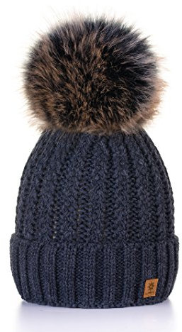 MFAZ Morefaz Ltd Wurm Winter Strickmütze Mütze Damen Kristalle Kiesel mit Große Bommel Pompon SKI (Dark Grey)