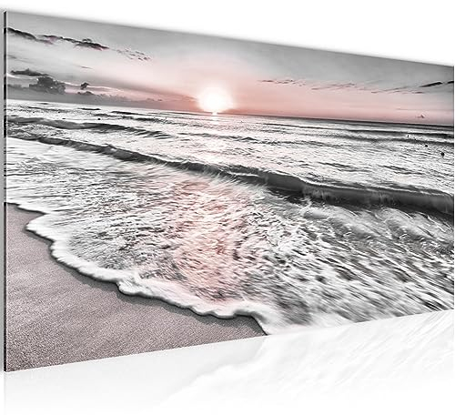 Runa Art Wandbild Sonnenuntergang Strand 1 Teilig 100 x 40 cm Modern Bild auf Vlies Leinwand Landschaft Schlafzimmer Wohnzimmer Grau Rosa 023712b
