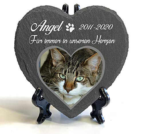 Individueller Personalisiert Herzform Tiergrabstein Schiefer Gedenkstein + Ständer für Hund, Katze und andere Haustiere Tiere - Größe | 10 x 10 cm | - Foto und Name