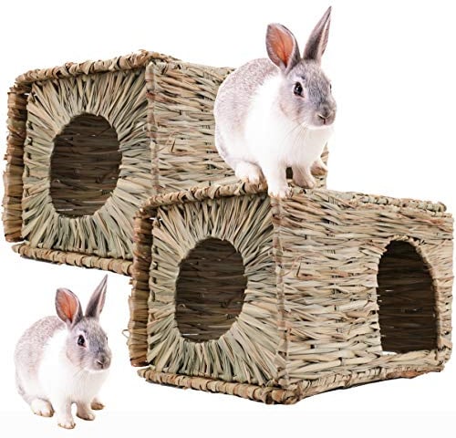 WUWEOT 2 Pack Large Grass Bunny House, Foldable Rabbit Hut, Play Hideaway Bed Hay Mat Chew Toy for Rabbit, Guinea Pigs, Gerbils, Hamster and Small Animals, 11x8x8