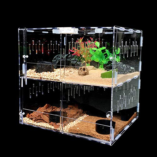 Vinnykud Terrarium Transportbox,Reptil Fütterungsbox aus Acryl, Tragbarer Reptilienzuchtbox Transparent Reptil Zuchtfall für Spinnenechsen, Eidechse, Gehörnter Frosch,Käfer(30.5×24×29cm)