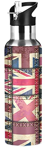 Mnsruu Vintage Union Jack British Flag Water Bottle Insulated Stainless Steel Travel Mug with Straw 20 Oz Christmas Birthday Gifts for Boys Girl