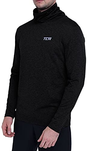 TCA Men's Warm Up Long Sleeve Training Workout Funnel Neck Thermal Running Top with Thumbholes - Black Stealth, XXL