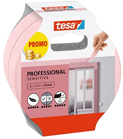 Tesa Nastro per Mascherature su Tappezzeria - Nastro adesivo sottile per mascherature precise - Adatto per superfici interne sensibili - 2x 25 m x 25 mm