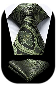 HISDERN Herren Krawatte Taschentuch Paisley Krawatte & Einstecktuch Set Blumen Jacquard Gewebt Schlips Einfarbig (Grün)