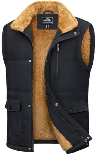 MAGCOMSEN Winter Gilet for Men Water Resistant Golf Gilet Mens Outerwear Gilets Casual Full Zip Jackets Body Warmers Gilet Jacket with Pockets Winter Camping Hunting Coats, Black