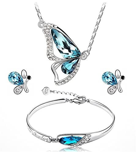 Gilieyer Schmetterlings Schmuckset, Strass Kristall blaue Schmetterlinge Halskette/Ohrringe/Armband Geschenke Damen Hochzeit Braut Halskette Ohrhänger Set Statement Jubiläums Schmuck (Blau)