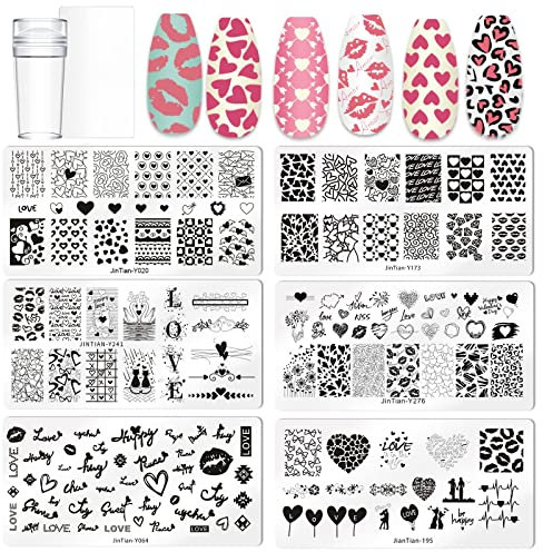 6PCS Valentine Nail Stamping Plates Kit with 1PCS Stamper & Scraper, Heart Nail Art Stamp Templates with Heart Lips Diamond Love Design for DIY Valentine's Day Nail Decoration