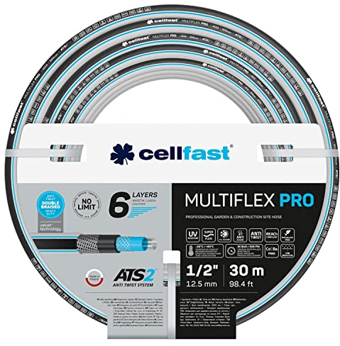 Cellfast Gartenschlauch MULTIFLEX PRO, Strapazierfähig, 6-lagig, Trikotgeflecht ATS2, UV und Algenbeständig, Schwermetallfrei, Velvet Technologie, 35 Bar, -20/+65° 1/2, 30m