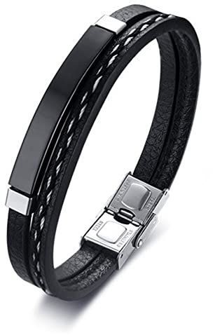 SKCESS Bracelet Men Edelstahl, Armbänder Herren Leder Schwarz Hundemarke Modeschmuck Armband 21X0.5CM