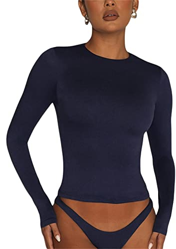 OYIGELZ Women's Basic Long Sleeve Shirt Crop Top Y2K T-Shirt Slim Fit Casual Tee Tops Streetwear(Tibetan Blue-a,M)