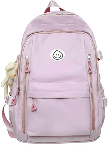 Preppy Rucksack Lächelndes Gesicht mit Häschen Plüsch Nette Ästhetische Rucksack Preppy Stuff Kawaii Zubehör Koreanischen College Stil, Pink, Einheitsgröße, Classic