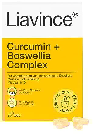 Liavince Curcumin + Boswellia Complex mit Vitamin D, 60 Kapseln, Curcumin- und Boswellia serrata-Extrakt, Glutenfrei, Laktosefrei, Für Vegetarier, Zur Unterstützung von Immunsystem und Knochen