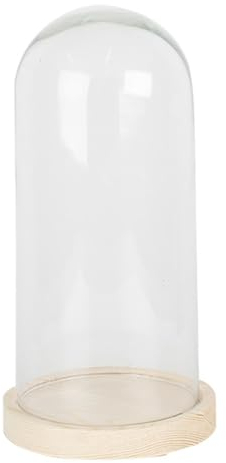 HAES DECO - Dekorative Glasglocke mit braunem Holzsockel - Glaskuppel Durchmesser 13 cm und Höhe 26 cm - Dekorative Glashaube als Tischdeko - Transparent Glasglocke - ST6GL4039HS