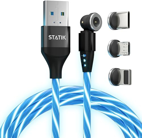 Statik 360 GloBright Cable de carga magnética con luz led brillante, cable de carga que se ilumina para móviles, azul, 2 m