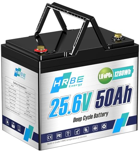 HRBEENERGY 24V 50AH batterie LiFePO4 1280Wh charge batterie lithium avec chargeur, stable BMS intégré Protect, 7000+ Deep Cycle Recharging, idéal pour RV/Solar/Marine/Off-grid/Trolling Motor