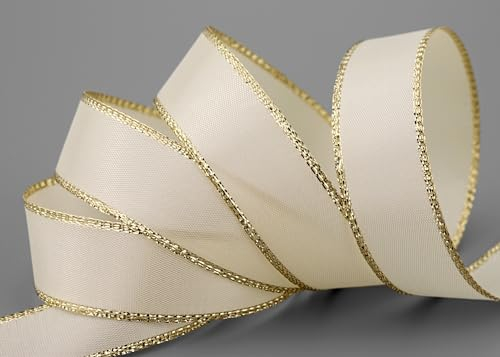 50 m x 25 mm Taftband mit Goldkante CREME GOLD ohne Draht Taft Dekoband Schleifenband Weihnachten Geschenkband Dekorieren Winter Lurex Glanz Stoffband Metallic