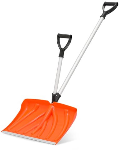 MoNiBloom Ergonomische Schneeschaufel Garage Schneeräumung mit rückenschonendem Vorgriff, 44,1 x 32,5 cm Klinge mit Aluminiumkante, breite Schneeschaufel für Tür, Bürgersteig und Deck, Orange