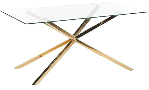 Beliani Esstisch Glas transparent rechteckig 160 x 90 cm Metallgestell Gold Maramo
