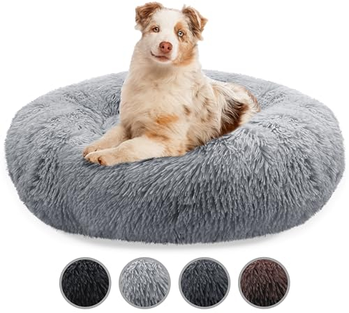 bluzelle Hundebett Große Hunde, 100cm Hundekissen Rund Donut Kissen Hundekorb Flauschig Plüsch, Ergonomisch Bezug Waschbar rutschfest Weich Kuschelig Kunstfell, Farbe:Hellgrau