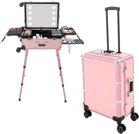 HINOPY Kosmetikkoffer, Trolley Schminkkoffer Großer Make up Koffer Multikoffer Friseurkoffer mit 4 Universalrollen, Große Klare Spiegel & Stützbein, für Visagisten, Friseure, Nageldesigner, usw