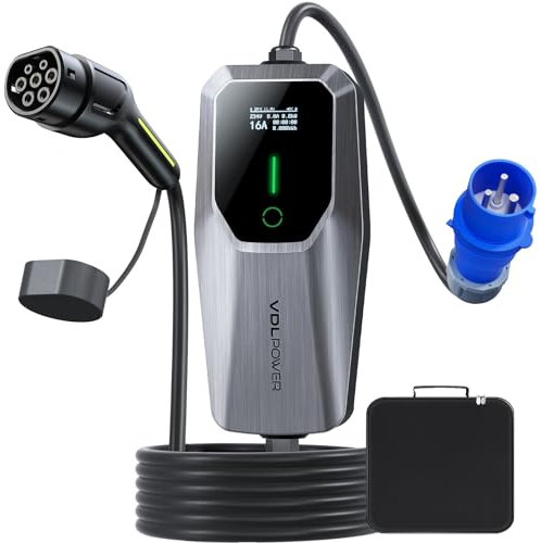 VDLPOWEREU Typ 2 Ladekabel, 7.36KW EV Ladegerät, 32A 5M EV Ladestation mit Dreiphasig PHEV CEE Stecker, Einstellbarer Strom und Einstellung Startzeit für Allen Elektrofahrzeugen IEC 62196-2